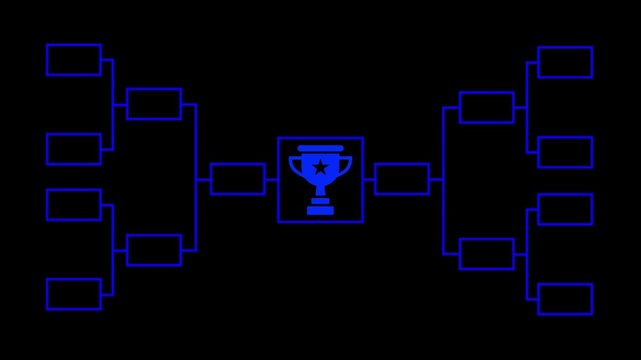 Championship bracket template with trophy on black background for sports competition or tournament bracket concept video.