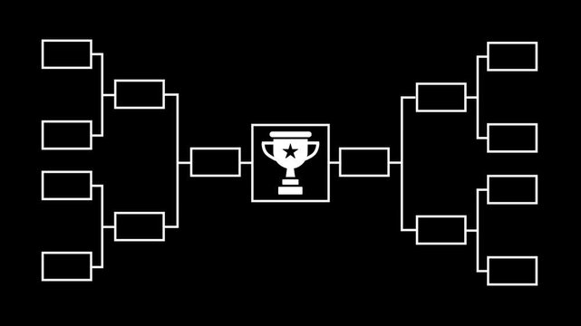 Championship bracket template with trophy on black background for sports competition or tournament bracket concept video.