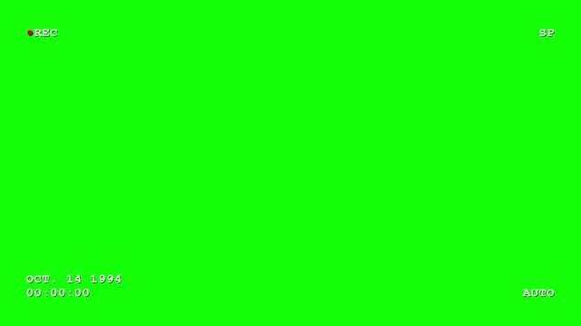 Vibrant chroma key green screen overlay with vintage camcorder recording interface