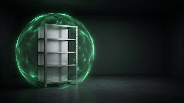 A metallic dome emitting green light surrounds a futuristic cubical structure in a dark room.