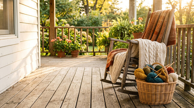 Peaceful autumn porch with a cozy rocking chair, warm blankets, and colorful yarn in soft sunlight, ideal for quiet relaxation and creative hobbies