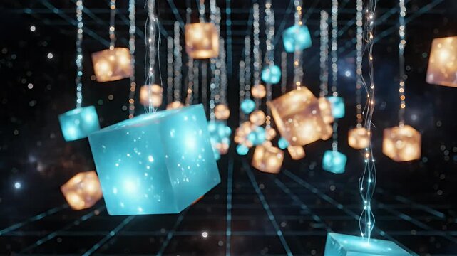 Luminous cubes in varying shades of blue and orange hang suspended, casting a magical glow