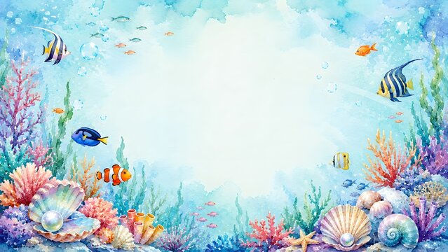 Watercolor underwater scene with tropical fish, colorful coral reefs, and seashells on a light blue background