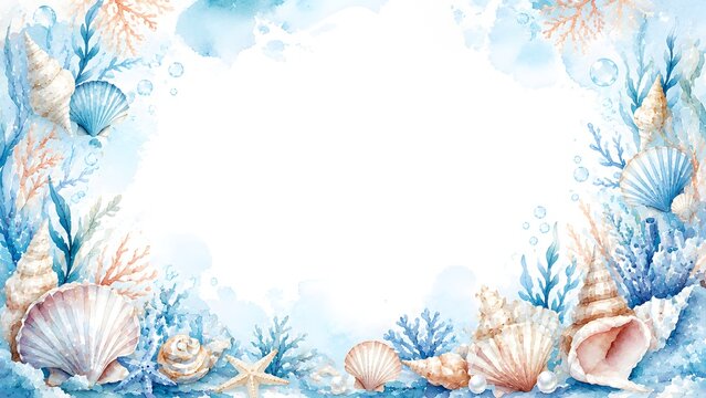 Watercolor sea life border with seashells, starfish, and coral on a soft blue background