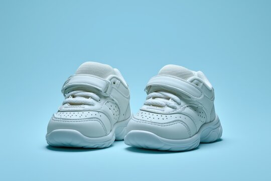 Minimalist white baby sneakers showcased against soft pastel background for clean branding