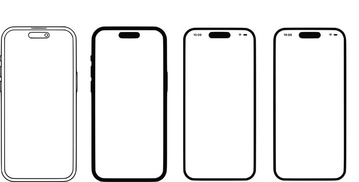 Minimalist smartphone mockup vector set, black and white mobile phone wireframe icons, blank screen cellphone templates for UI UX design