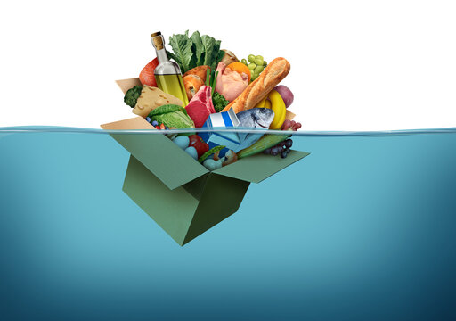 Grocery Crisis and groceries affordability challenge as the rising cost of food shopping as drowning in debt problem and budget challenge as a box of supermarket goods sinking in water.