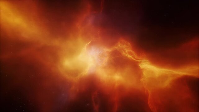Intense orange plasma and flames erupt from a central bright point spreading across a dark abstract background in a fiery burst of energy and light