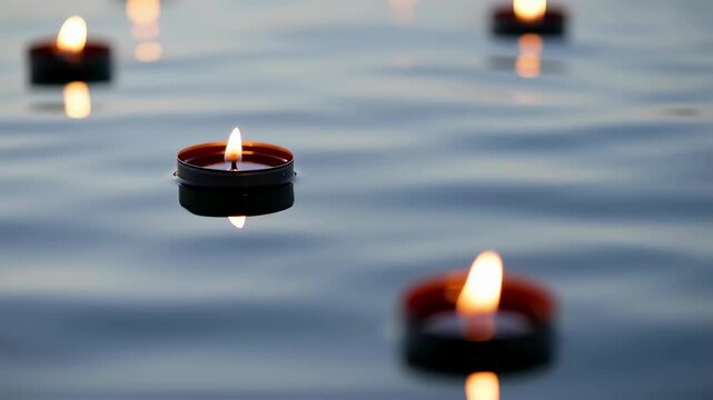 Floating candles on water.