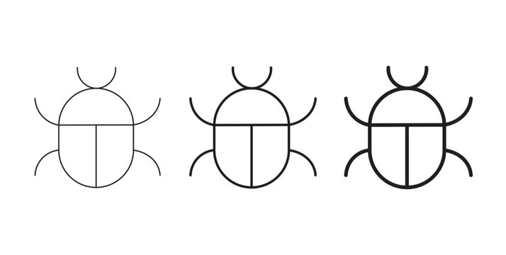 Minimalist beetle icon set with adjustable stroke weight, geometric insect line art vectors, simple bug symbols for software debugging and nature apps