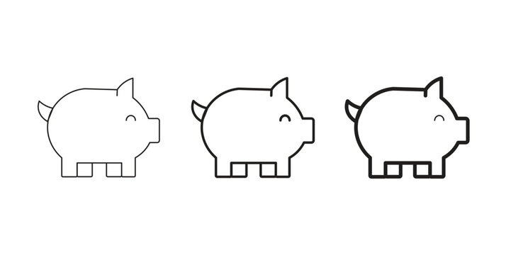 Minimalist piggy bank line icons, set of three money saving pig symbols with varying stroke weights, financial investment and banking vector graphics