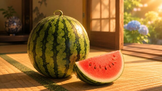夏の和室の畳に置かれた瑞々しい丸ごとスイカとカットスイカ