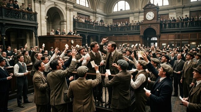 Stock exchange floor traders celebrating success.