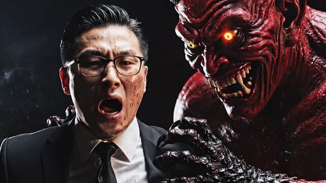 A businessman screams at a terrifying red demon in hell