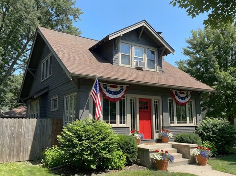 Charming craftsman style house with dark gray siding and a red front door