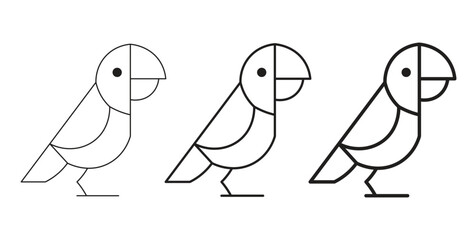 Minimalist parrot bird icon set, geometric line art parrot vectors, black and white tropical bird profile illustrations with varying stroke weights © Asad