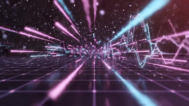 Neon data streams explode and converge on a digital grid, pulsing with energy