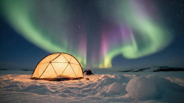 Illuminated geodesic dome tent sits in snow under vibrant aurora borealis