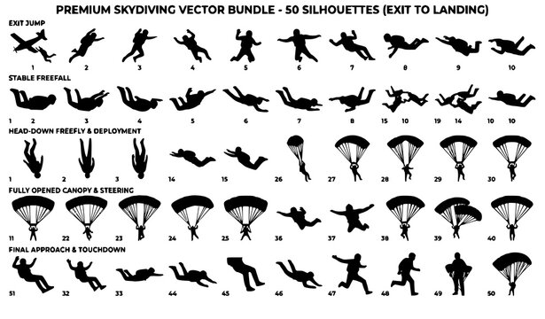 Professional Parachute Skydiving Silhouette Bundle Vector Illustration