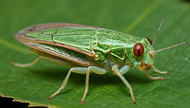 Green leafhopper insect showing wing venation on a dark backdrop.