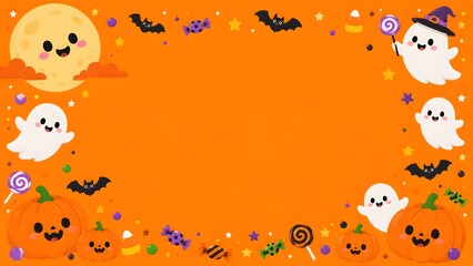 Fototapeta premium Cute halloween border with ghosts, pumpkins, bats, and candy on an orange background