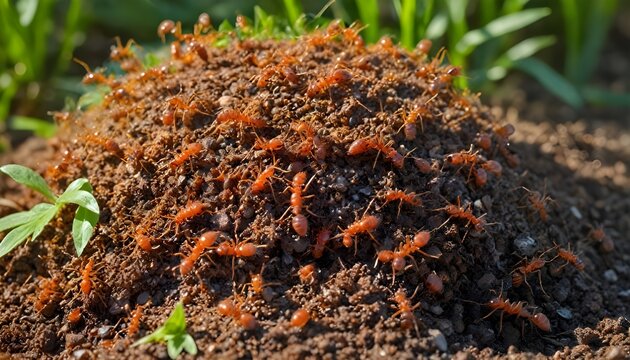 Thousands of orange fire ants swarming a dirt hill on green grass.