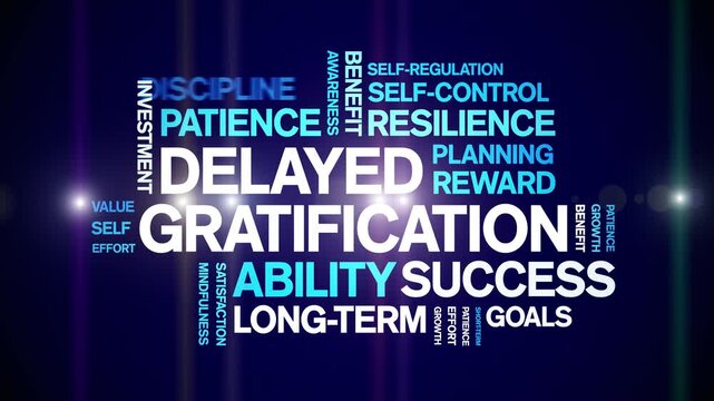Delayed Gratification animated word cloud-text design animation tag kinetic typography seamless loop.