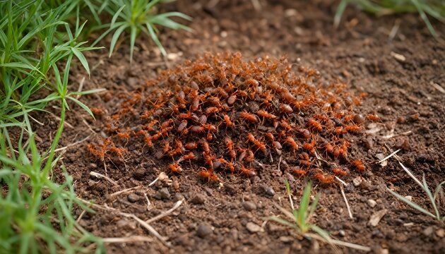 Detailed macro photo of an active red anthill mound outdoors.