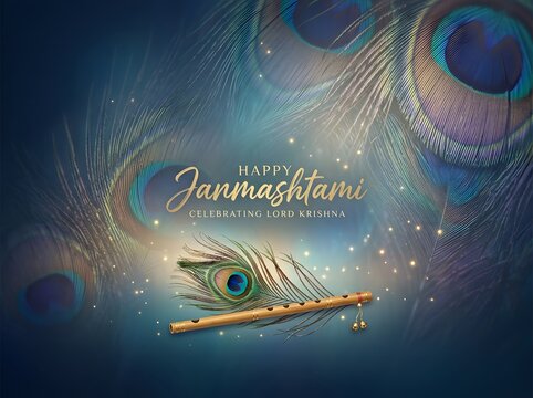 Happy Janmashtami celebration with peacock feathers flute and decorative calligraphy on a blue background