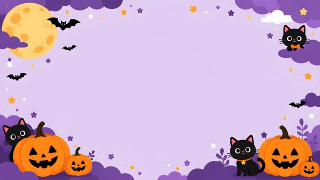 Cute halloween background with black cats, jackolantern pumpkins, bats, and a full moon on a purple starry sky