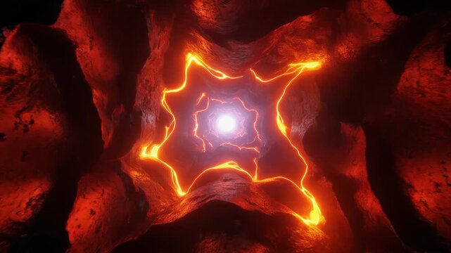 A bright central light radiates outward from a cross-shaped fissure in glowing orange rocky walls of a dark cavern creating an abstract tunnel view