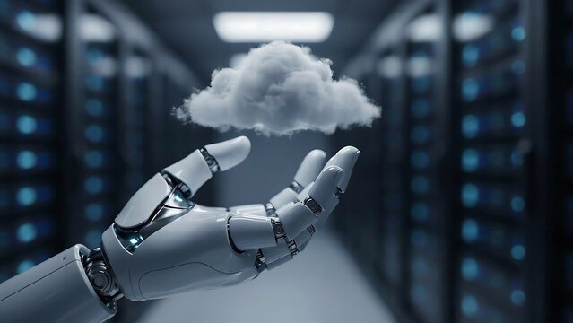 White robotic hand holding a floating cloud symbol inside a dark server room data center