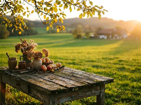 Rustic wooden table with autumn harvest in a sunlit countryside field