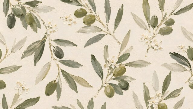 Seamless pattern with olive branches, leaves, and flowers on a textured cream background, handpainted watercolor style botanical illustration