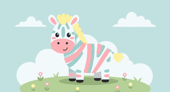 Adorable cartoon zebra with pastel stripes and a cheerful expression.