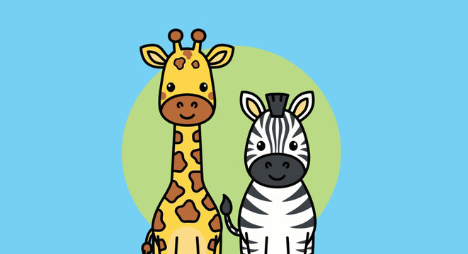Cute cartoon giraffe and zebra standing side-by-side.