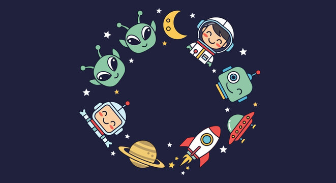Cute Cartoon Space Elements in a Circular Frame Illustration.