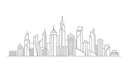 Obraz premium Minimalist line art skyline of a modern city displaying diverse tall skyscrapers and office buildings.