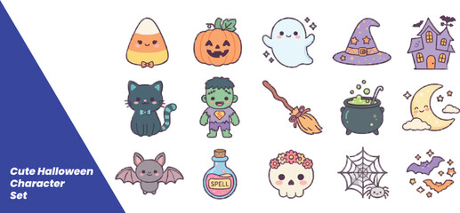 Fototapeta premium Cute Kawaii Halloween Cartoon Character and Element Vector Set
