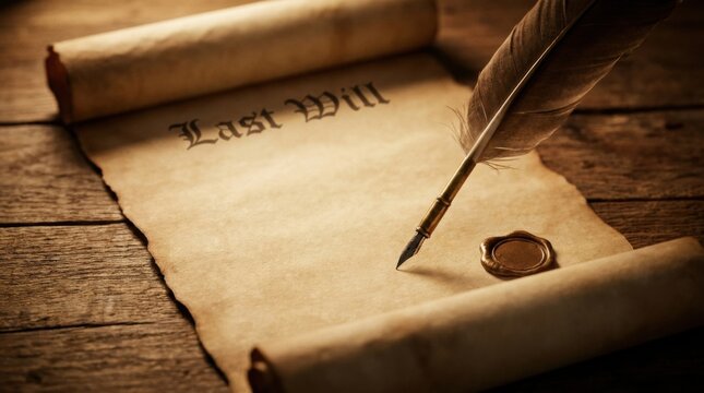 Signing a Last Will and Testament: A quill pen hovers over an aged parchment inscribed with Last Will, a wax seal visible, ready to finalize important legal documents.