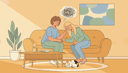Fototapeta premium Loving friend comforting a sad depressed girl sitting on a cozy sofa inside a warm living room with a sleeping cat.
