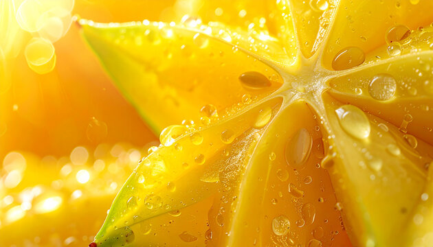 Sunlight illuminates the vibrant yellow starfruit segments glistening with refreshing water droplets that highlight the organic textures found within this tropical harvest during a summer