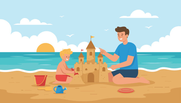 Cheerful father and his little son building a large sandcastle together on a beautiful beach during summer vacation.
