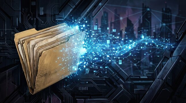 Digital Archive Transfer: An old-fashioned file folder disgorges a vibrant stream of glowing blue data, morphing into a futuristic cityscape.