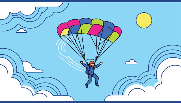 Brave skydiver with a bright colorful parachute flying high in a scenic blue sky surrounded by fluffy white clouds.