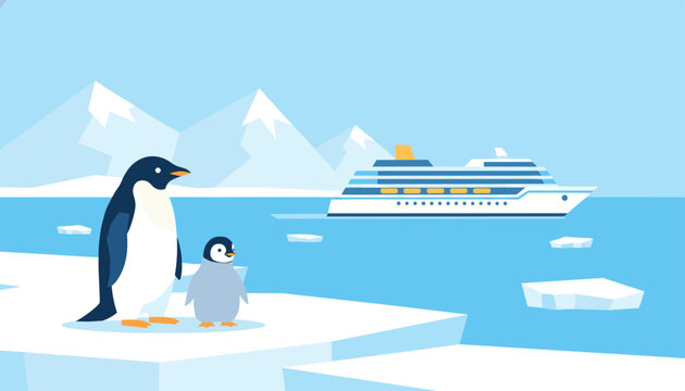Cute family of penguins standing on a majestic glacier ice cap with a modern cruise ship sailing in the background.