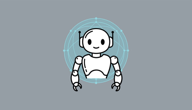 Cute circular avatar icon of a friendly white chatbot robot with a glowing blue digital circle network background.