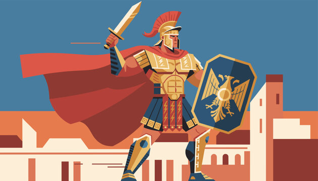 Mighty Roman warrior in golden armor raises a sword and holds a blue shield decorated with a majestic eagle symbol.