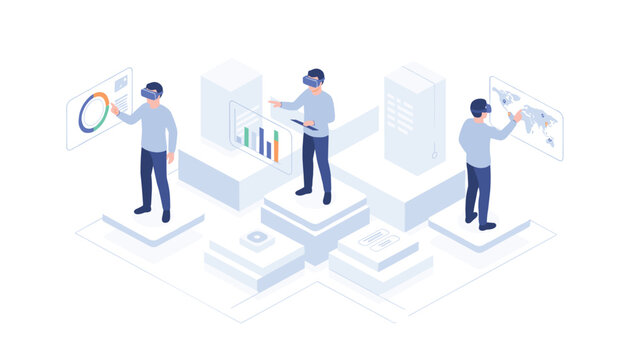 Three futuristic isometric professionals wear virtual reality goggles to analyze complex data charts and global maps.