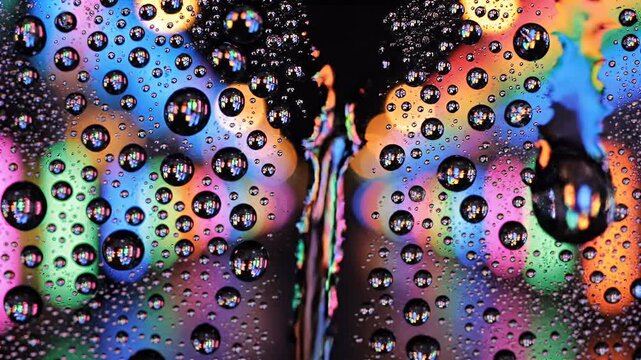 Abstract macro view of colorful light refractions within water droplets on a surface